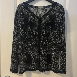 Laura Ashley Black Lace Button-Front Blouse with White Embroidery